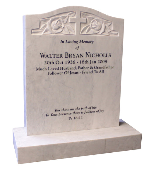 Carrara Marble Cross and Roses Headstone (ET108)