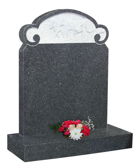 Dark grey Granite headstone with farming scene (ET47)